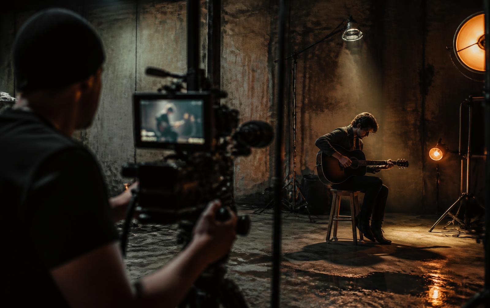 Kameramann filmt einen Musiker bei einem Produktionstag