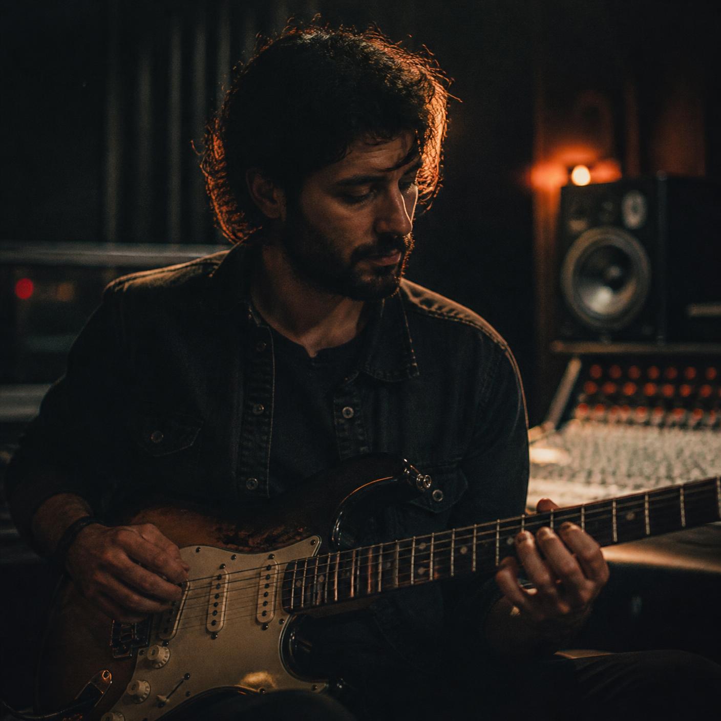 Musiker mit E-Gitarre in einem abgedunkelten Studio